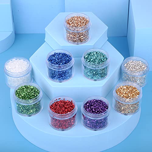 9 Box Broken Crushed Glass Glitter, 6.4oz/180g Irregular Shards Metallic Crystal Chips 2-4mm Chunky Flakes Sequins Gravel for Epoxy Resin Craft Supplies Nail Art DIY