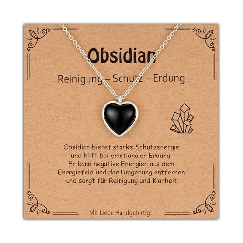 Halora Glücksbringer Anti Stress Halskette Damen Kristall Heilsteine Kette Herz Glückssteine Edelstein Charms Obsidian Naturstein Schmuck Geburtstags Geschenke für Frauen Mama Silber