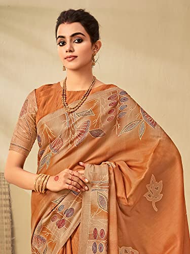 Image of AKHILAM Women's Abstract Tussar Silk Printed Saree With Unstitched Blouse Piece (KANTHA01 Parent)