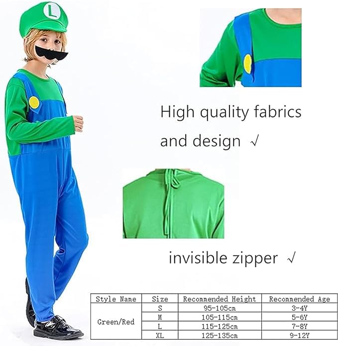 Yisound123 Costume for 3-12,Costume Game Outfit Fancy Dress Up Jumpsuit Bodysuit Cosplay with Hat Gloves Moustaches (Red(3-4)) (Green - Image 4