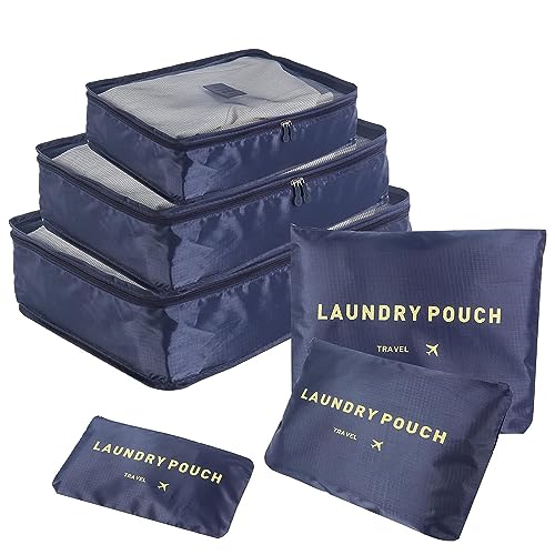 SKY-TOUCH 6-Piece Travel Luggage Organizer Set Waterproof Packing Cubes and Laundry Bags Travel Accessories dark blue