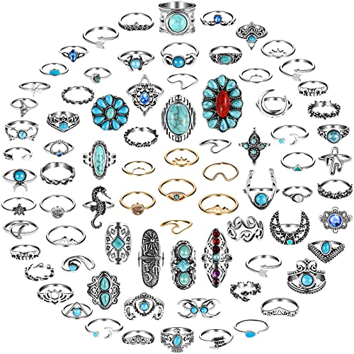 Kigeli 78 Pcs Vintage Turquoise Rings Set Women Western Bohemian Silver Oval Gemstone Boho Joint Knuckle Midi Stacking Rings for Women and Girls