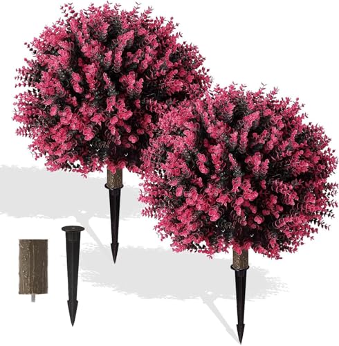 Heavy Artificial Boxwood Topiary Ball Trees with Ground Spike, 2 Pack Artificial Bushes Shrubs for...