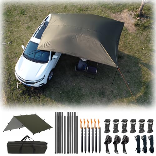 Top Lander Car Awning Camping SUV Sun Shelter Waterproof Universal Tent Canopy Anti-UV for Van Campervan Caravan Truck Vehicle (Olive Green, 118'X157)