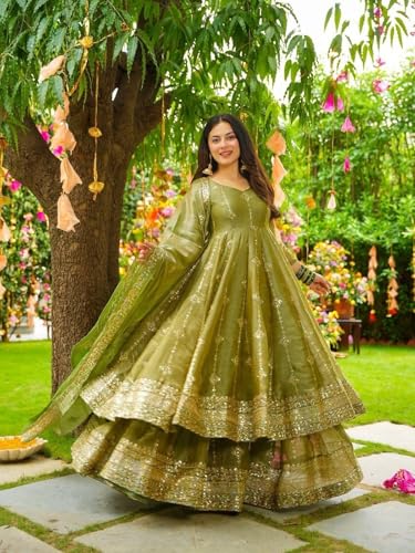 Image of Designer Heavy Crunchy Silk Anarkali Dress for Women | Fully Flared Embroidered Gown with Dupatta | Wedding