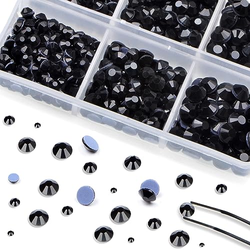 Image of Bymitel Hotfix Crystal Rhinestones Round Gems for Crafts,Mixed 6 Sizes with Wax Pencil Kit, Black 1.6-6.3mm SS4-SS30 /8000pcs