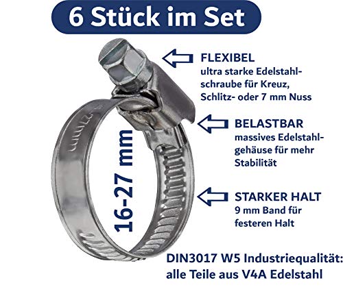 GARSIDURO 6 Stück DIN3017 Schlauchschellen 16-27mm in W5 Industriequalität, 9 mm Band – hochwertiges Set aus rostfreien V4A Schlauchklemmen für Waschmaschine, Ablaufschlauch, Geschirrspüler