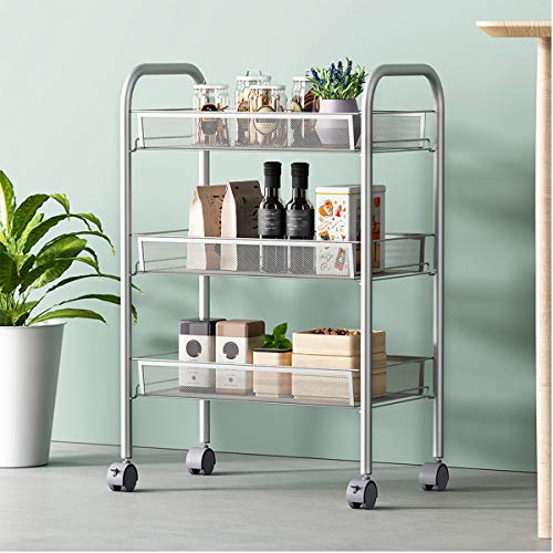 Lefthigh 3-Tier Mesh Wire Basket Rolling Cart Kitchen Storage Cart with Wheels Shelving Furniture