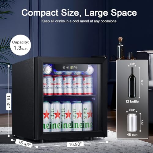 Image of Antarctic Star Mini Fridge 12 Bottle 48 Can Beverage Refrigerator Cooler with Glass Door for Soda Drinks or Wine,Freestanding Beverage Fridge for Home and Bar with Adjustable Shelving, 1.3 Cu. Ft.