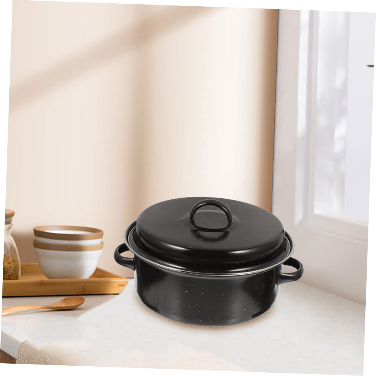 Teglia Multifunzione in Smalto Nero, Manici Ergonomici Doppi, Resistente alle Alte Temperature, per Castagne e Patate, Casa e Campeggio