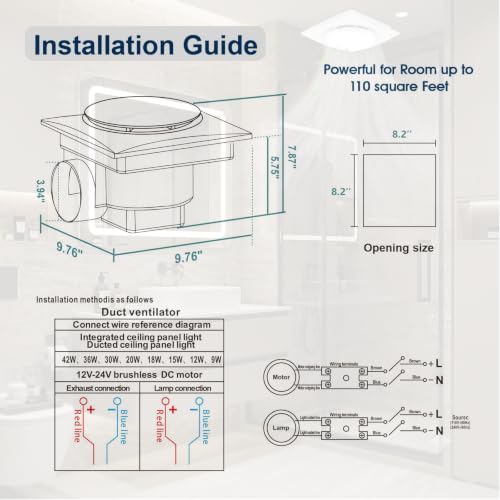 Ventilador Extractor para Baño Redondo de Techo, Panel de 9,76 pulgadas con Luz LED Ajustable (3000K/4000K/6000K), 110 CFM y 1,0 sones, Montaje en Techo para Abertura Estándar de 8,2 x 8,2 pulgadas miniatura 2