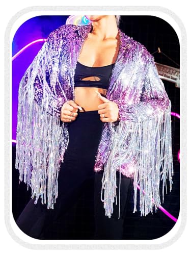 GORAIS Fringe Sequin Jacket Long Sleeves Sparkly Blazer Glitter Bomber Jackets for Women