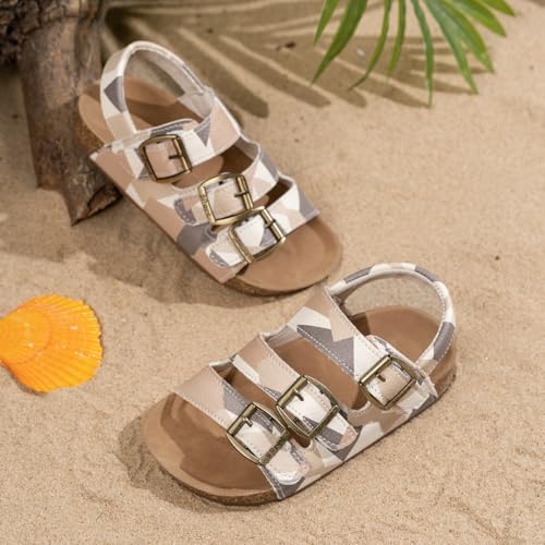 Kids Cork Footbed Sandals, Camo Print Design, Adjustable Buckle Straps, Beige and Gray3