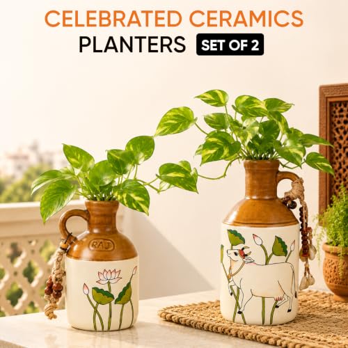 Image of AAKRITI ART CREATIONS Ceramic Planter Bottles Set of 2 | Pichhwai Art, Off-White Glossy Finish | Decorative Vases for Home Decor | Flower Pots & Tabletop Decor for Living Room