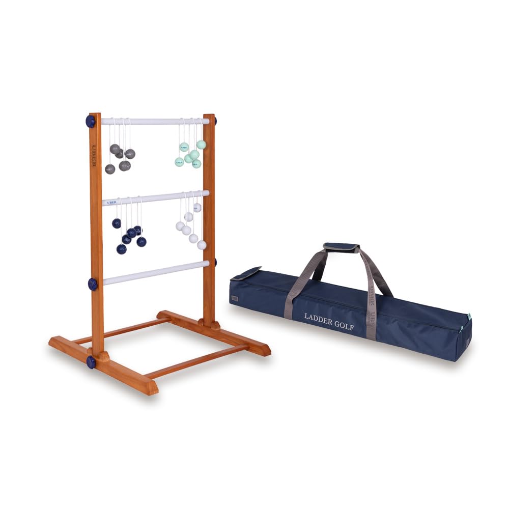 Uber Games Jeu de golf échelle en bois d'hévéa – 12 balles de bolas or véritable – Sac de transport et rangement en toile
