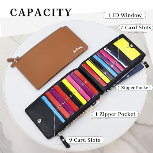 Slim Wallet for Men, Bifold PU Leather Long Wallet 16 Slots Card Holder Wallet with ID Window Double Zip Pocket Credit Card Holder for Woman (Black)3