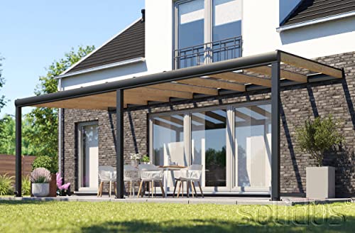 HYBRID Alu/Holz Terrassenüberdachung BxT 506 x 300 cm mit 16mm Polycarbonat Stegplatten Carport Terrassendach Vordach Aluminium Überdachung Pergola Pavillon 5x3 m