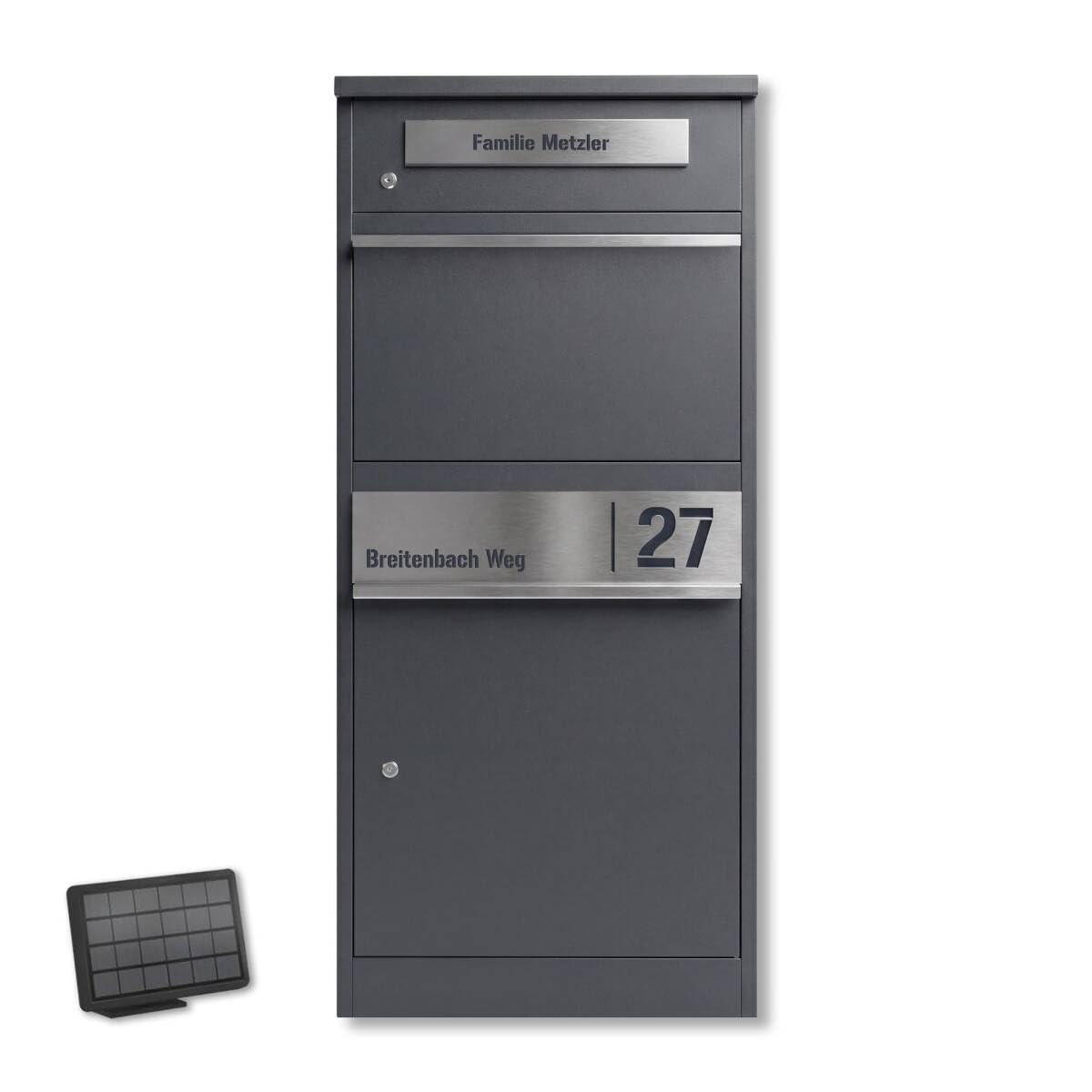 Metzler Paketbox mit Briefkasten | Paketbriefkasten mit LED | seitliche Sichtfenster | Paketkasten personalisiert mit Gravur | RAL 7016 Anthrazit | Bispo 2