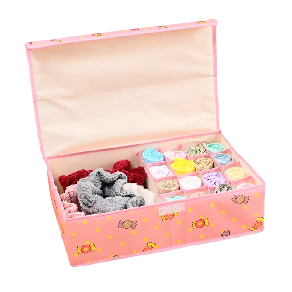 Luxula 17 Grid Foldable Innerwear Non-Woven Underwear Storage Box Home Storage Kit Drawer Save Space Closet Organizers with Lid for Wardrobe (Pink Candy)
