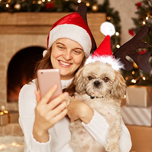 Weihnachten Haustier Stirnband, Hund Katze Rentier Geweih Weihnachtskostüm Elch Kopfbedeckung Verstellbare Kopfschmuck Haarreif mit Weihnachtsmütze, Weihnachts Kostüm Outfit für Hunde Katzen Geschenk