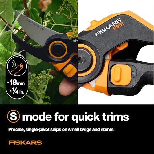 Image of Fiskars DualAction 2-in-1 Bypass Pruners, 1 inch Cut Capacity Garden Clippers | Two Cutting Modes, Small Mode for Fast Snips on Small Stems, Large Mode for Tough Branches, Low-Friction Coated Steel Blade