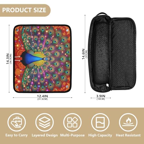 Bolsa de viaje para herramientas de cabello y tapete resistente al calor con cierre para plancha de pelo y accesorios de cuidado capilar, rojo con diseño de pavo real en foil dorado miniatura 4