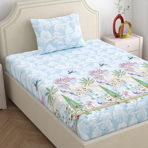 Image of Home Ecstasy 100% Cotton Single Bedsheet with 1 Pillow Cover - (Size 59 x 87 inches, 140 TC, Colour - Light Blue)