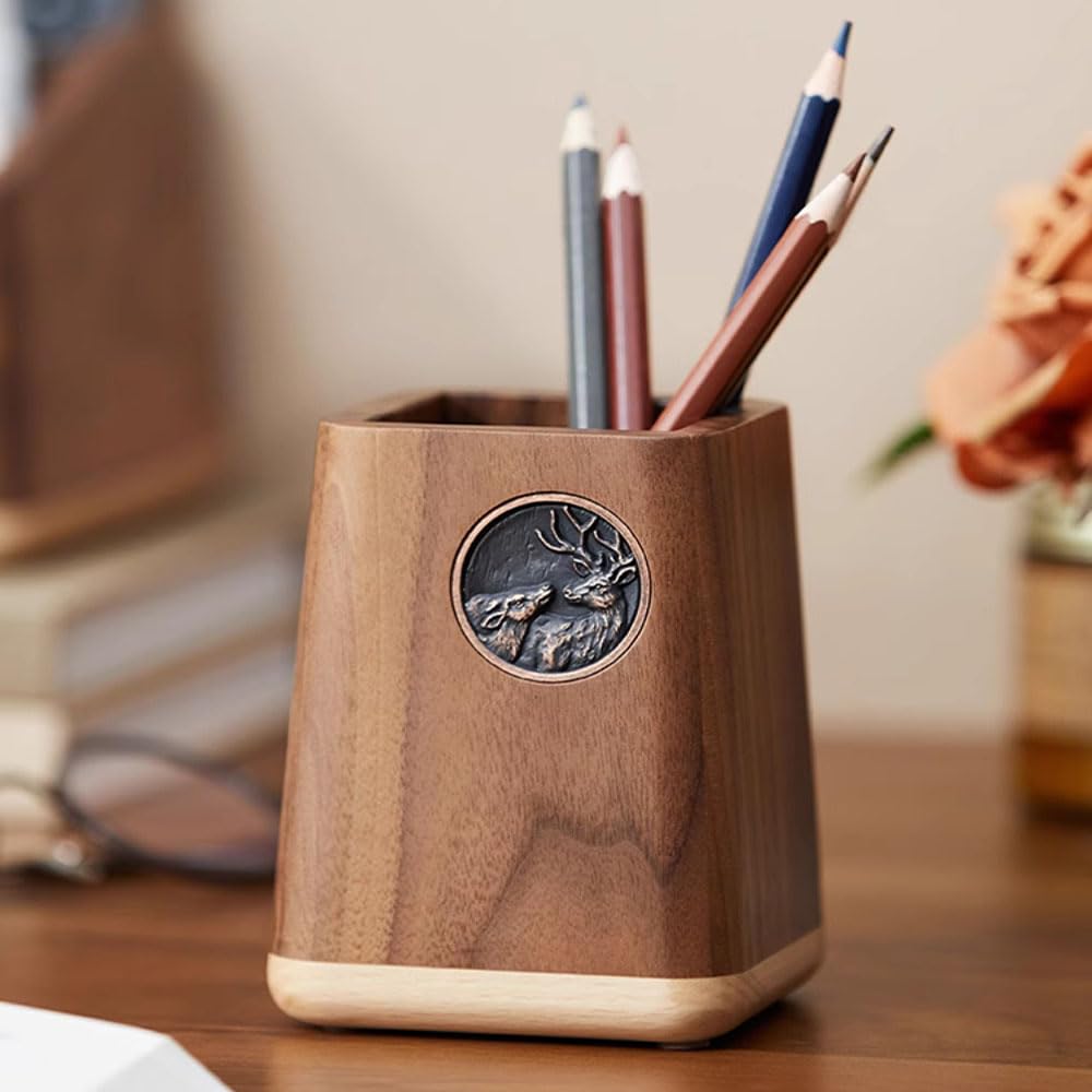 Porte-crayons en bois massif de 11,4 cm Boîte de rangement pour fournitures de bureau Porte-stylo en bois