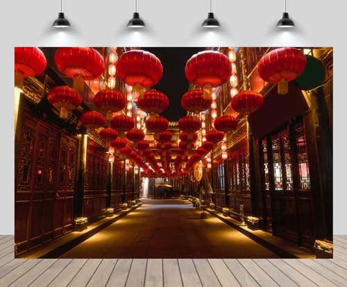 chnywork 7x5ft China Vintage Street Backdrop Asia Chinese Lunar New Year Red Lanterns Wooden Building Night View Background Asian China Travel Party Decor Photo Studio Booth Props Wallpaper