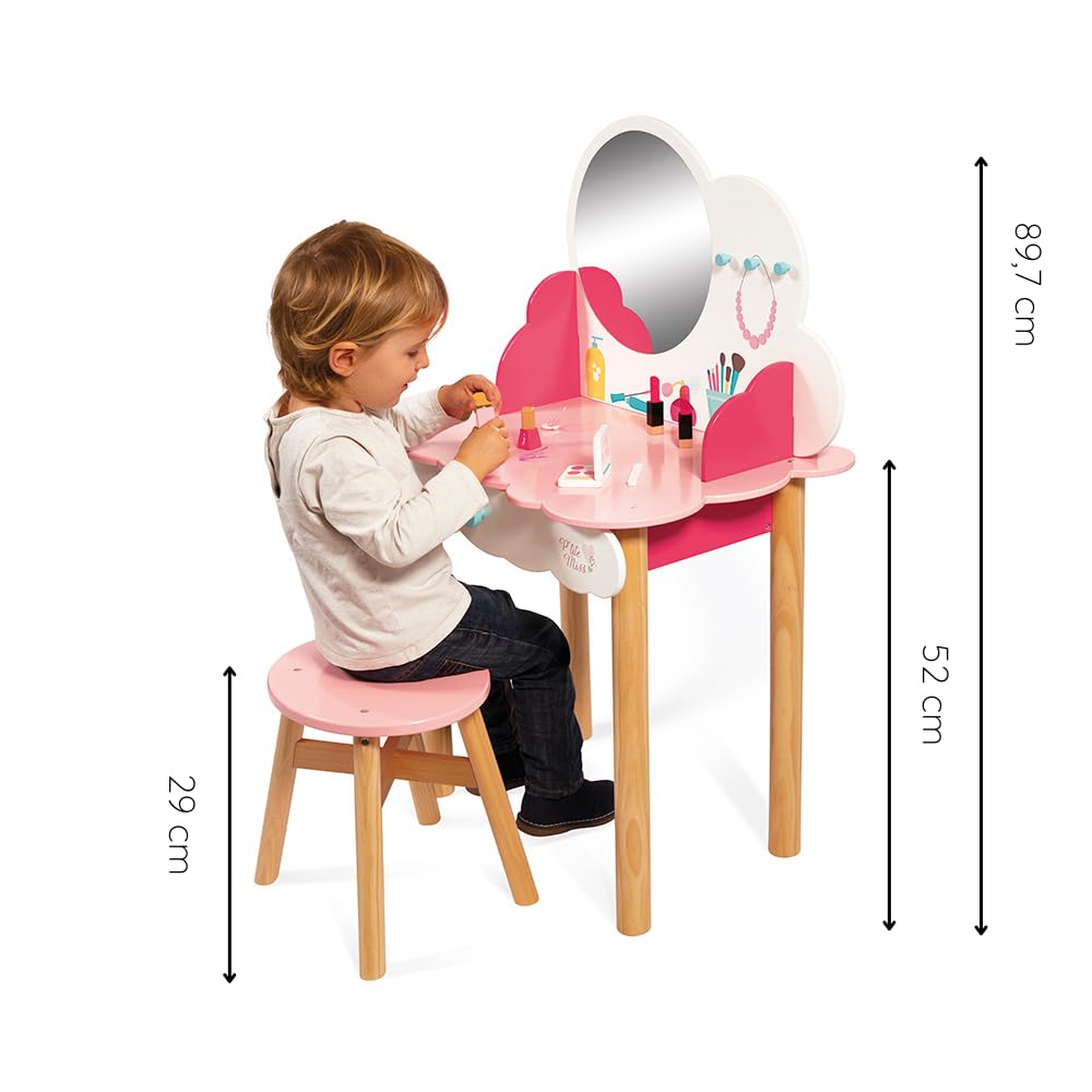 Janod - Toelettatura per Bambini in Legno P'tite Miss - 10 Accessori Inclusi - Imitazione e Sviluppo - A Partire dai 3 Anni, J06553, Rosa e Bianco