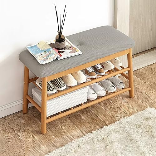 Scarpiera in legno con seduta imbottita, scarpiera a 3 ripiani per ingresso, corridoio, camera da letto, soggiorno, dormitorio, elegante e funzionale.