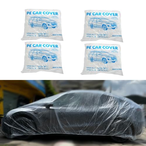 4 Packs Disposable Car Cover Clear Plastic Car Cover Universal Rain Dust Garage Cover with Elastic Band Medium (12.4 FT x 21.6 FT)