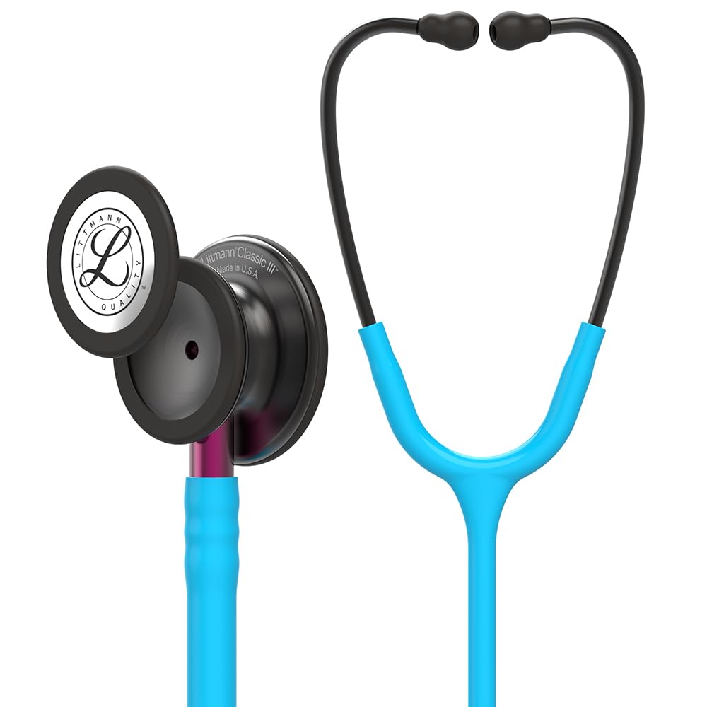 3M Littmann Classic III Estetoscopio con Grabado Gratuito y Linterna Pupilar de Regalo (Turquesa/Smoke Edition/Pink Stem)