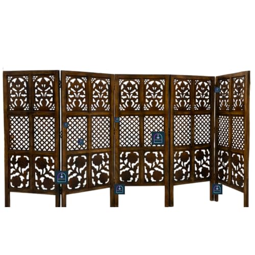 Image of Wooden Room Partition Screen with Burnt Wood Finish | Hand Buffed Traditional Handicraft Room Divider | Indoor Room Separator | Puja Room Divider (5 Panel 4 Feet)