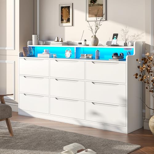 DurayLoly White Dresser for Bedroom with LED Light & Charging
