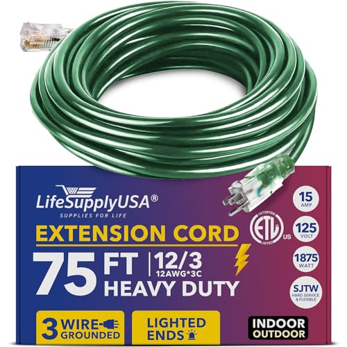 Lifesupplyusa 123375FTDGU 75Ft Power Outdoor Extension Cord & Indoor - Waterproof Electric Drop Cord Cable - 3 Prong, 3-Outlet, Sjtw, 12 Gauge, 15 Amp, 125 Volts, 1875 Watts, 12/3 Etl Listed By Lifesupplyusa cover