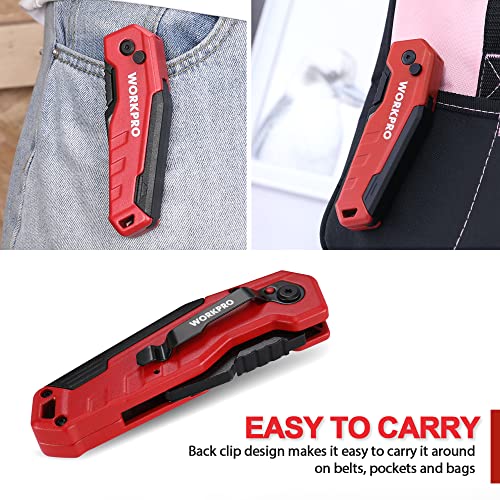 Workpro Folding Utility Knife, Quick Change Box Cutter, Razor Knife For Cartons, Cardboard, Boxes, Blade Storage In Aluminum Handle, 13 Extra Blades Included (Red) #TOP7