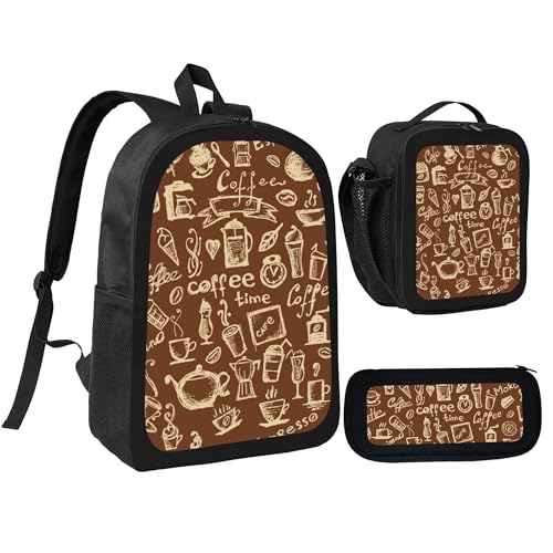 Brown Coffee Abstract 3 Pcs 17 Inches Backpack Set with Insulated Lunch Bag And Pencil Pouch Large Back Pack for Men Women Lunchbox Pencil Case Waterproof Backpacks Lunch Box 3 Piece Daypacks