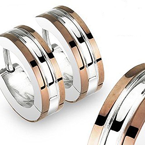 SER-0010 Pair of 316L Stainless Steel 2 Tone Hoop Earrings with Coffee IP Edges; Comes With Free Gift Box
