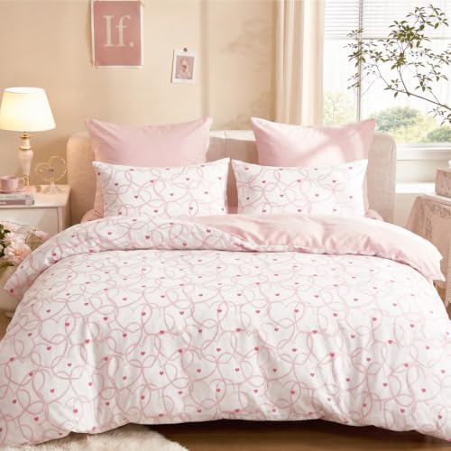 Freyamy Herz Bettwäsche 135x200 Herzen Weiß Rosa Mädchen Bettwäsche Set – Ansicht 1