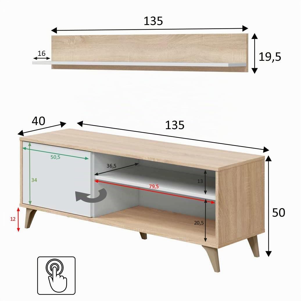 amuéblate online - Mueble Moderno de TV con 1 Puerta y 2 Compartimentos + Estante en L, Modelo Edu, Acabado en Color Blanco y Roble Canadian
