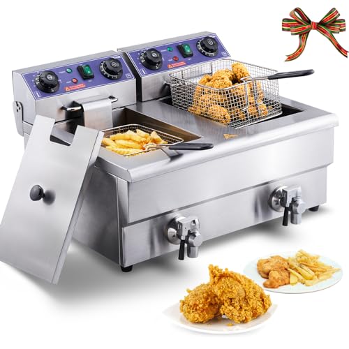 VEVOR Commercial Electric Deep Fryer, 24L 3000W w/Dual Removable Basket, Stainless Steel Electric Countertop Fryer w/Time Control and Oil Filtration, Deep Fryer for Commercial Restaurant Use, Silver