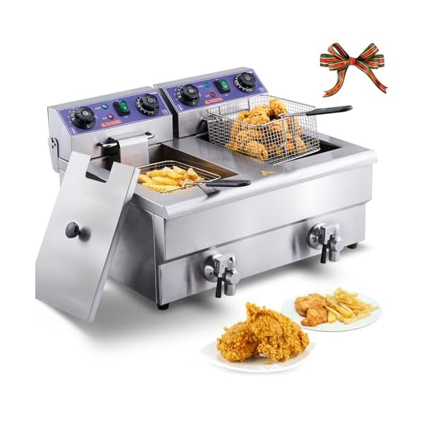 VEVOR Commercial Electric Deep Fryer, 24L 3000W w/Dual Removable Basket, Stainless Steel Electric Countertop Fryer w/Time Control and Oil Filtration, Deep Fryer for Commercial Restaurant Use, Silver
