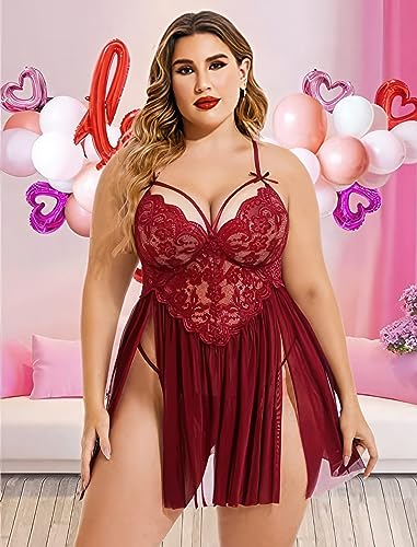Image of Plus Size Lingerie Lace Babydoll Womens Strap Chemise Nightgown V Neck Nighty Mesh Sleepwear Side Slit Nightdress with G-Sting Panty