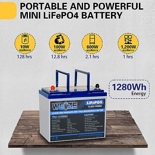 Image of WEIZE 12V 100Ah Mini LiFePO4 Lithium Battery, Built-in 100A Smart BMS, Deep Cycle Low Temperature Protection Battery Perfect for RV, Solar, Marine, Trolling Motor, and Off Grid Applications