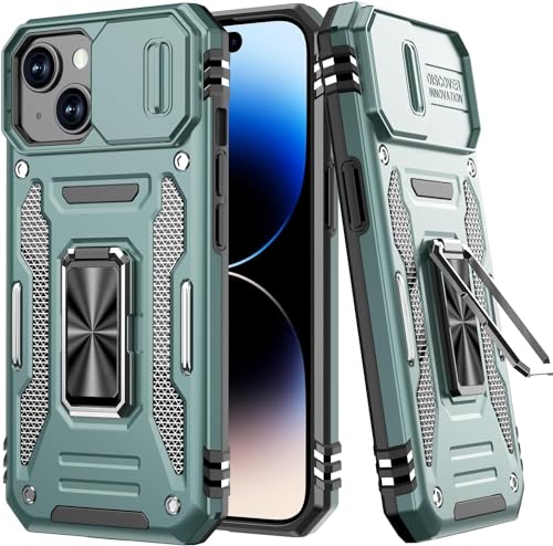 Image of Polycarbonate Back Cover Case Compatible for Apple iPhone 15 with Slide Camera Cover & Rotated Ring Kickstand | Military Grade Mobile Phone Cover Case for Apple iPhone 15 (Green)
