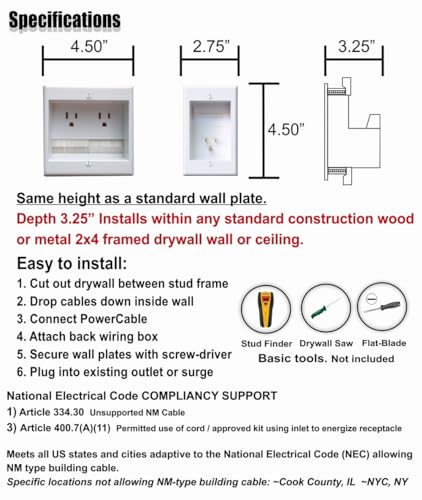 Image of PowerBridge TWO-PRO-6 Dual Outlet TV Cord Hider for Wall Mounted TVs - Recessed In-Wall Cable hider System for Power & Low Voltage - Matches Existing Outlets -Hide Wires With this Easy DIY Install Kit