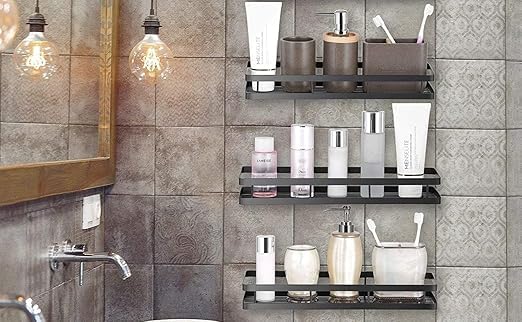 Image of Wall Mounted Metal Storage Rack for Kitchen & Bathroom | Set of 3 Multipurpose Organizer Shelf for Jars, Cans, Toiletries | Rustproof Iron Wall Shelf Rack for Home