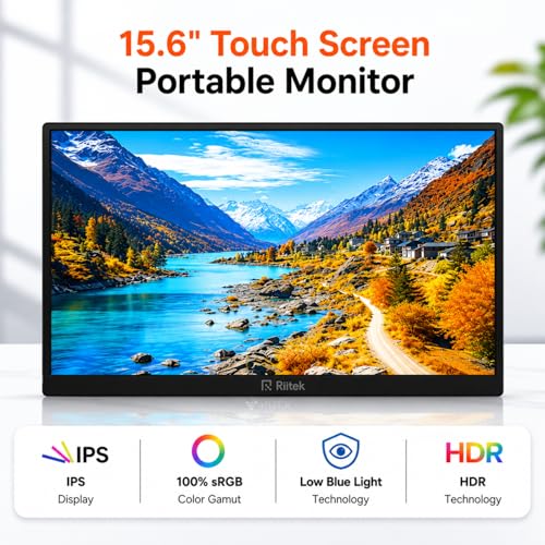 Image of Riitek15.6 Inch Portable Touchscreen Monitor Full HD 1920x1080 IPS Display USB-C & Mini HDMI External Travel Monitor with Dual Speakers Slim Lightweight Screen with Protective Case for Laptop & Phone