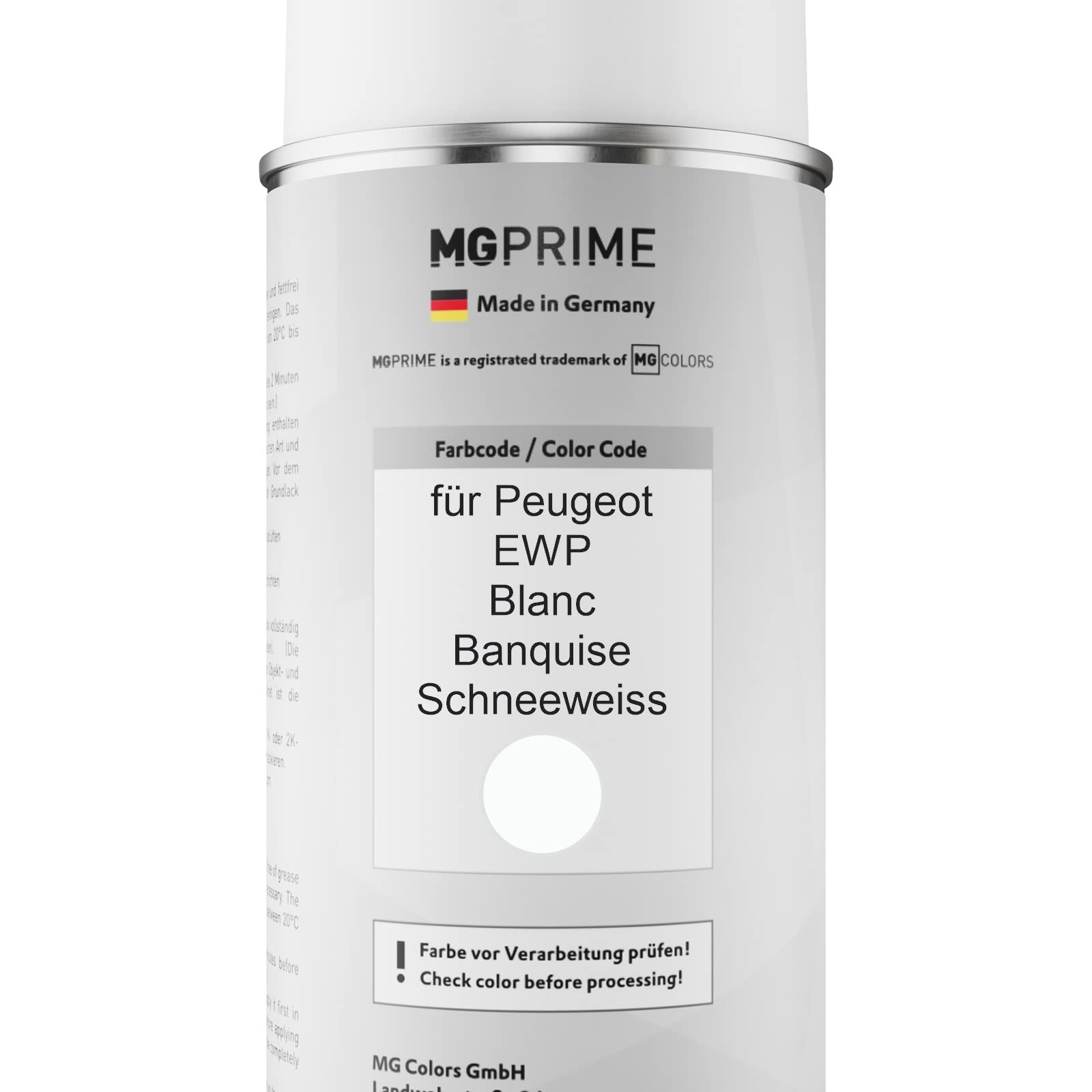 MG PRIME Vernice per auto Kit di bombolette a spruzzo per Peugeot EWP Blanc Banquise/Bianca White Bomboletta spray da 400ml di vernice di base vernice trasparente